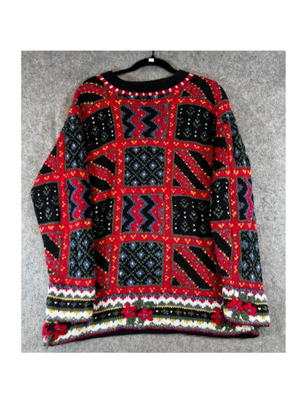 Vintage Patchwork Geometric Knit Sweater Crewneck Womens Large Red Black Grandma